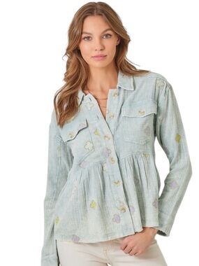 117. Light Blue Floral Button-Front Peplum Shirt